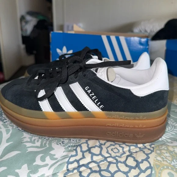 adidas Gazelle Platform Sneakers - Black with White Stripes and Gum Sole - Picture 2 of 3